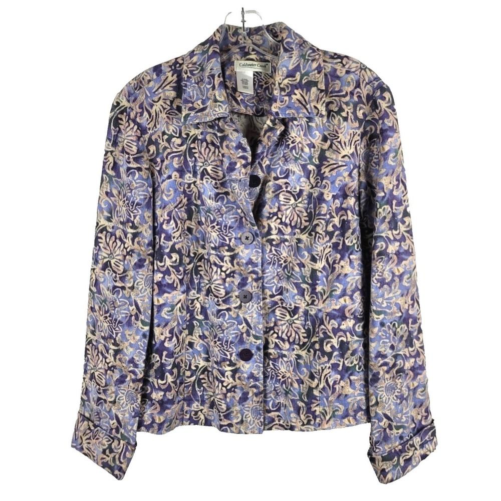 COLDWATER CREEK Purple/Beige/Green HEAVY LINEN BLEND JACKET Floral/Scrolls SZ L